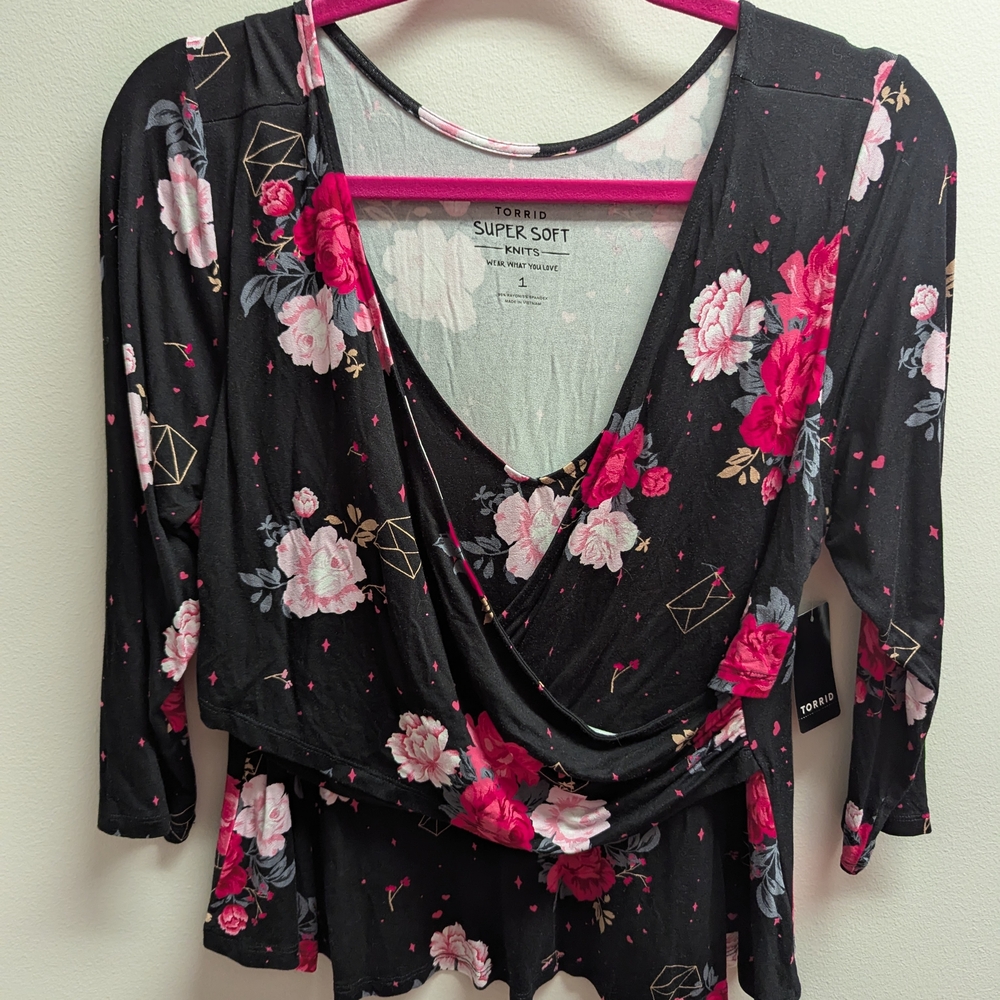 Torrid Black and Pink Floral Blouse